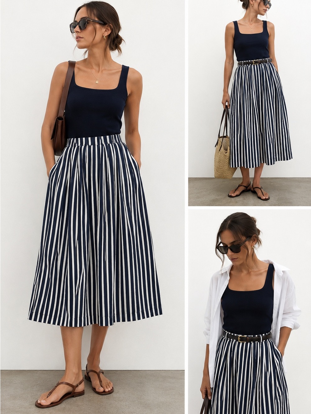 J.Crew Navy & White Striped Midi Skirt